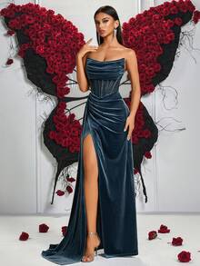 ADYCE 女士优雅纯色心形领连体衣，腰部系带，前开衩露背设计，适合正式晚宴、婚礼、舞会、返校节、约会之夜、正式晚会、生日派对、节日派对、家庭聚会等场合。（不含手套） - 灰藍色 - 查看 6