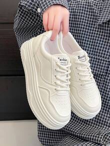 1 Pair Thick Sole Solid White Casual Sneakers, Suitable For All Seasons - Beige - View 1