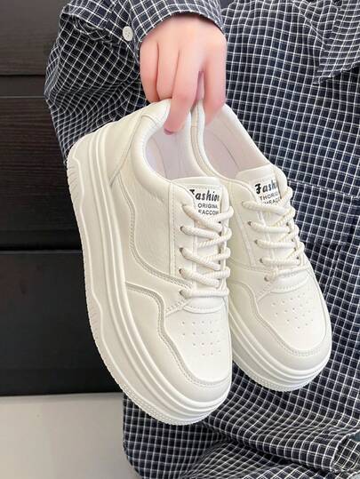 1 Pair Thick Sole Solid White Casual Sneakers, Suitable For All Seasons