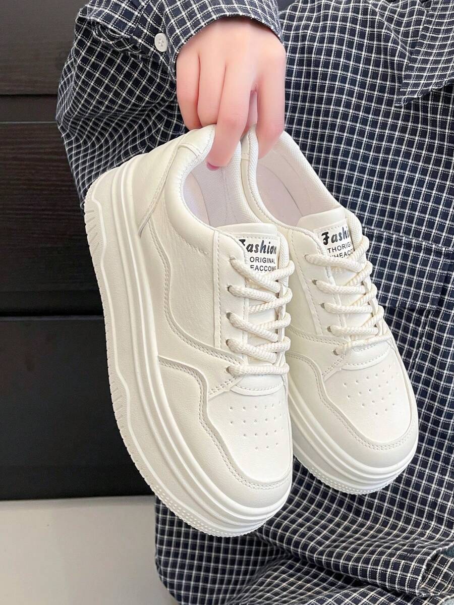 1 Pair Thick Sole Solid White Casual Sneakers, Suitable For All Seasons - Beige - View 1