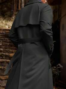 Runcati Mens Trench Coat Double Breasted Belted Windbreaker Jackets Lapel Lightweight Long Jacket Casual Overcoat - 黑色 - 查看 4