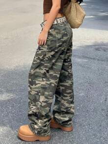 Women's Y2K Casual Loose Fit Camo Bucket Denim Jeans - Khaki - View 2