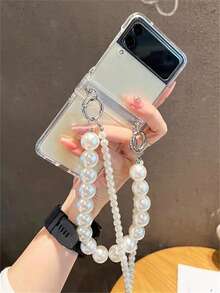 New Stylish Pearl Crossbody Shoulder Strap Chain Lanyard Folding Phone Case Compatible With Samsung Galaxy Z Flip7 Flip6 Flip5 Z Flip 4 3 Luxury Anti-Drop Protect Clear Back Cover - Clear - View 5