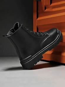 男士高帮靴，秋冬季百搭黑色真皮休闲鞋，耐磨低帮工装鞋，新款时尚休闲鞋，可搭配正装，系带金属鞋眼 - 黑色 - 查看 4
