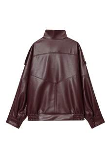 Seelio Autumn/Winter New Women's Fashion Minimalist Versatile Embossed Leather Jacket, European & American Style - Burgundy - View 3