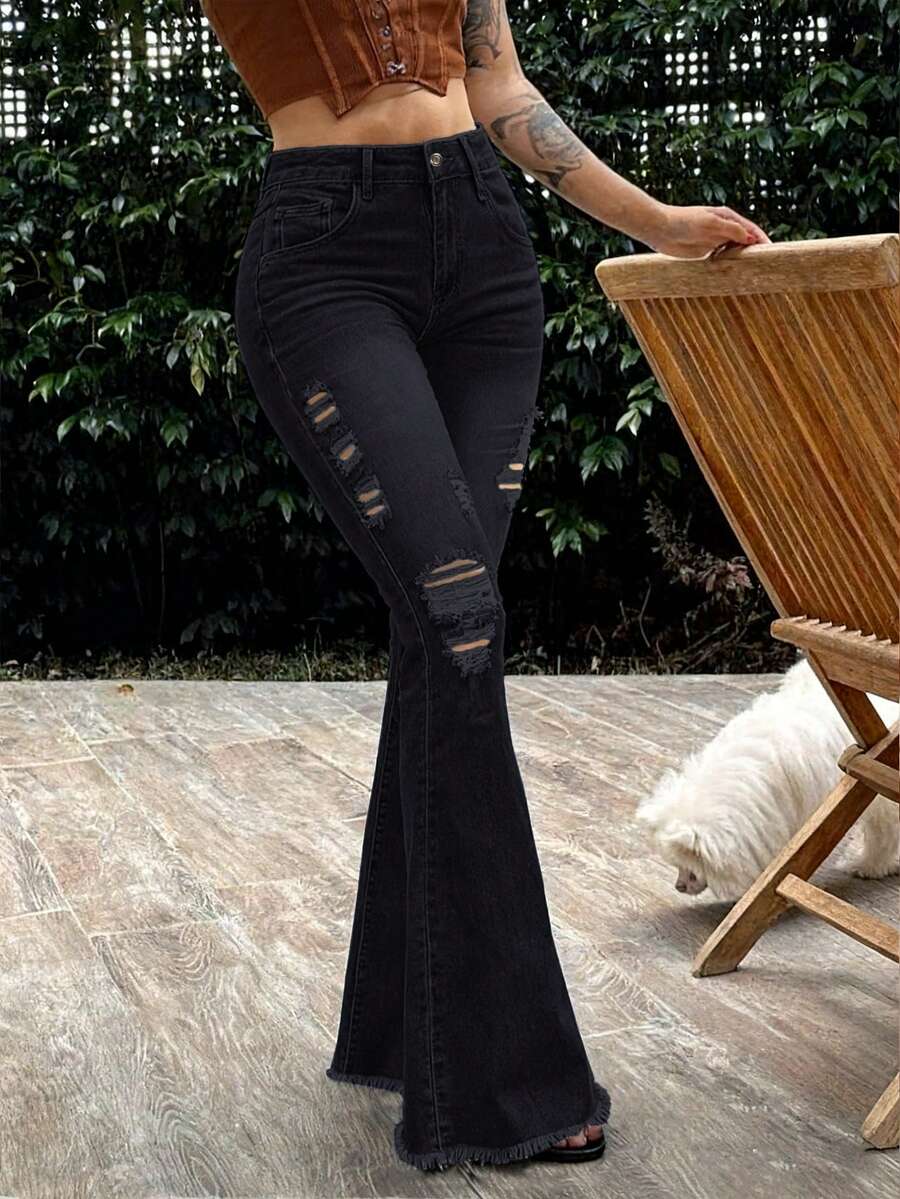 Women's Mid-Raise Stretch Slim Fit Ripped Raw Hem Flared Jeans - Black - View 1