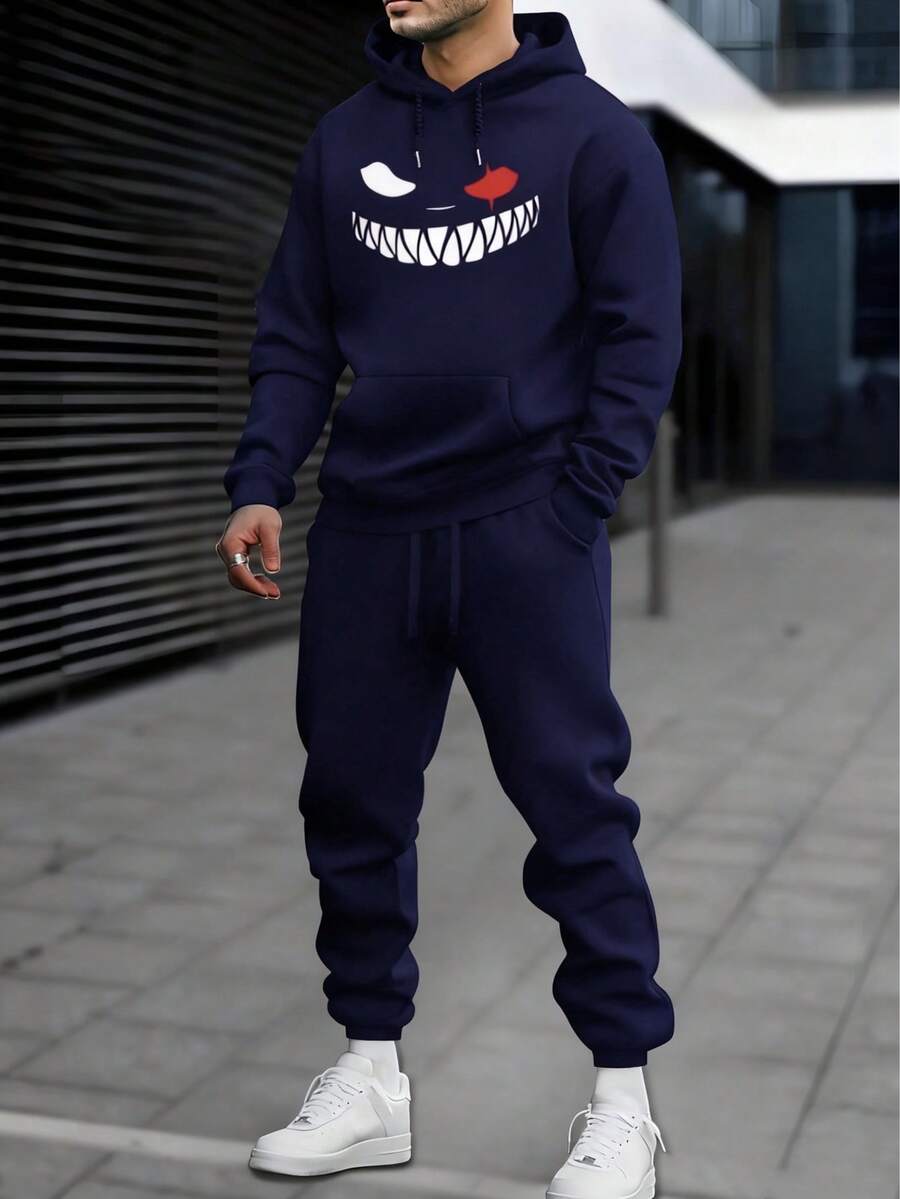 Hombre008 traje para hombre Conjunto de Sudadera con Capucha y Pantalones de Bolsillo con Cordón para Hombre, Estampado Alegre del Diablo, Grueso y Versátil, Manga Larga, Adecuado para Actividades al Aire Libre en Primavera - Azul - Ver 1