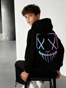 1pc Tween Boys' Casual Printed Pullover Sweatshirt, Thermal Lined, Long Sleeve, Autumn/Winter - Black - View 6