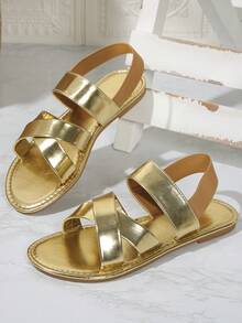 Women's Solid Color Flat Sandals, Casual Elastic Band Summer Shoes, Slip-On Beach Shoes