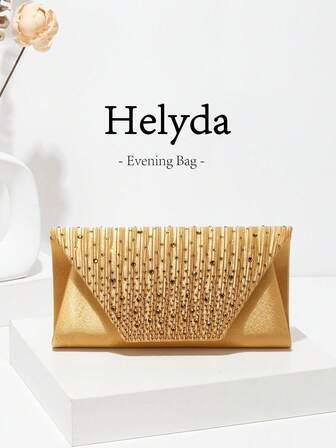 1件Helyda金色缎面女士晚宴包，采用褶皱设计和钻石点缀，展现时尚与优雅的融合，可作手提包/托特包/单肩包/斜挎包使用，适合婚礼、派对、晚宴和其他正式场合。