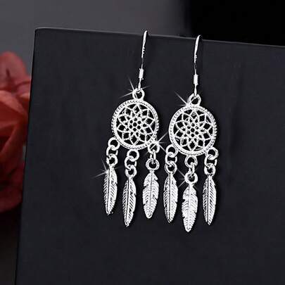 925 Sterling Silver Earrings- Dream Catcher Feathers Drop Earrings - Bohemian Style - Suitable For Fashion Party And Wedding Engagement Wear And Gift Giving - Holiday Gift