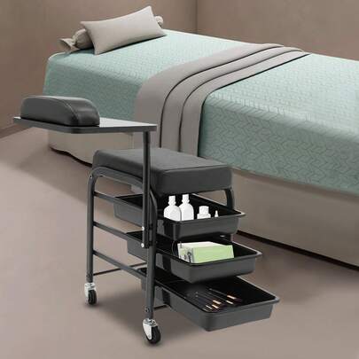 SENDERPICK Tavolo mobile per unghie con ruote, poggiamani girevole a 360°, carrello per pedicure e manicure, carrello per cosmetici, carrello con cassetti, poggiamani morbido e cuscino per seduta