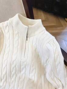 女士休闲罗纹针织拉链毛衣，秋冬 - 白色 - 查看 3