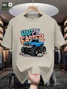 Camiseta GILDAN para Hombre de Manga Corta - 100% Algodón, Estampado de Camión Monstruo Azul y Huevos de Pascua, Cuello Redondo, Ideal para Fiestas de Pascua, Verano y Aficionados, Talla S - Caqui - Ver 2