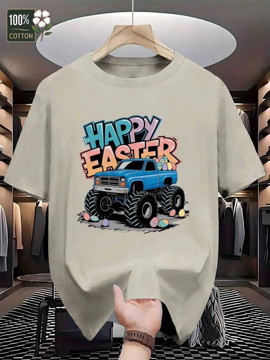 Camiseta GILDAN para Hombre de Manga Corta - 100% Algodón, Estampado de Camión Monstruo Azul y Huevos de Pascua, Cuello Redondo, Ideal para Fiestas de Pascua, Verano y Aficionados, Talla S
