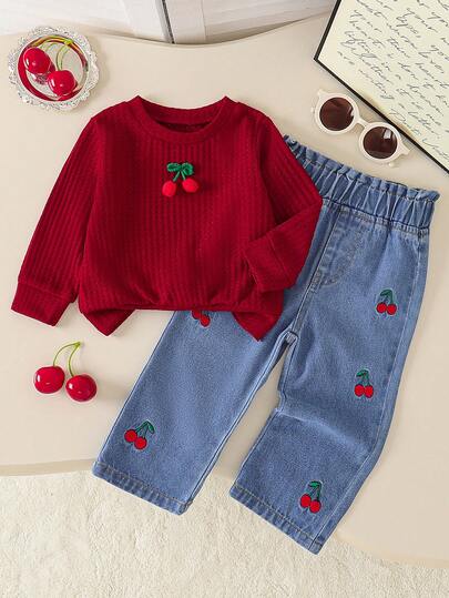 Baby Girls Valentine's Day Waffle Solid Cherry Decor Long Sleeve Crew Neck Top + Casual Embroidered Denim Pants