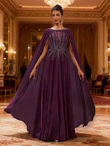 DELLA COUTURE Luxury Purple Bohemian A-Line Round Neck Long Evening Gown Fashion Prom Dress With Beaded Short Sleeves Designed For High-End Proms, Banquets, Parties, And Other Formal Occasions - Purple - View 2