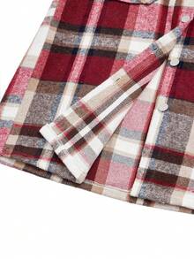 格子印花休闲长袖衬衫，秋冬女式短袖外套 - 紅色 - 查看 8