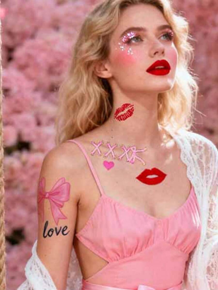 Nouveaux autocollants de tatouage de lèvres pour la Saint-Valentin, autocollants de tatouage temporaire de baiser de lèvres rouges en forme de cœur pour couple unisexe