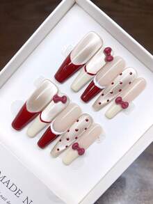 10片纯手工绘制的可佩戴美甲贴片，包含3D蝴蝶结、猫眼、波点、樱桃红法式美甲等款式，可个性化定制，按压式美甲贴片 - 彩色 - 查看 13