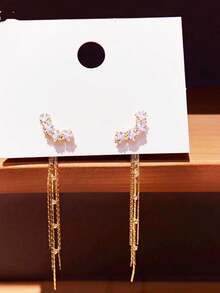 1 Pair Sparkling Star Tassel Earrings, Luxury Fully Paved Long Earrings For Women, Shiny Party & Evening Fairy Style Accessory