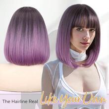 Lady Miranda Purple Bob Wig With Bangs Short Straight Ombre Wig Middle Part With Bangs Bob Hair Wigs Synthetic Grey To Purple Wigs For Women Daily Party Wig For Women{Inchcolor_nameinch:Inch1-GreyOmbrePurpleinch} - 1-灰紫色 - 查看 5
