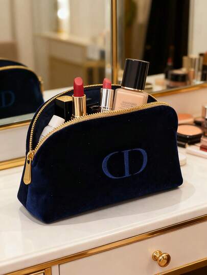 Christian Dior Materiel Deep Navy Blue Velvet Cosmetic Pouch, Makeup Bag For Women, Zippered Closure​,Portable Handheld Cosmetic Bag, Makeup Tool Storage Bag, Travel Carry Cosmetic Bag, High-End Ladies Bag, Daily Makeup Pouch Bag, Room Decor, Bags, Makeup Bag, Vanity, Make Up Bag