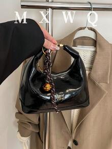 Neue minimalistisch Vintage einfarbige PU wasserdichte Tragetasche, Buchstaben Grafik Dekoration, Reißverschluss, Tragegriff oben, quadratische Form, burgunderrot, Anhänger Dekoration, geeignet zum Einkaufen