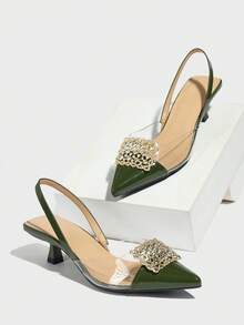 Sepatu hak rendah model slingback dengan hiasan rhinestones untuk wanita, elegan & nyaman, cocok untuk pesta formal, pernikahan, upacara di musim gugur/musim dingin, warna hijau militer, hadiah Hari Ibu. - Hijau Tentara - View 6