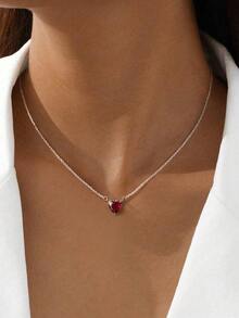 1Set 925 Sterling Silver Red Heart-Shaped Full Diamond Necklace Ring & Earring Set For Women Fine Jewelry Gift