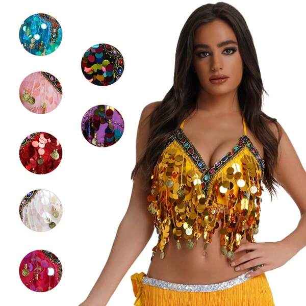 Top de Dança do Ventre, Top Cropped Tubular com Lantejoulas e Glitter com Pingente de Moeda para Mulheres, Sutiã de Dança do Ventre, Acessórios de Fantasia Cinto de Quadril Brilhante para Show de Palco