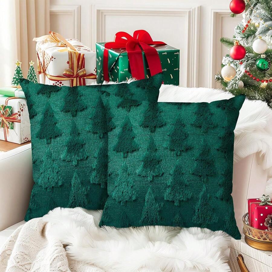 Juego de 2 Fundas de Almohada Navideñas, Tamaño 45x45cm, Decoracion Navidad con Diseño de Árbol de Navidad, Fundas para Cojines de Sala/Sofá/Dormitorio/Auto, Decoración de Hogar Navideña - Blanco - Ver 1
