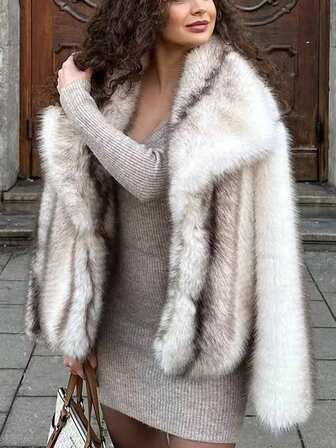 Women's Grey & White Ombre Faux Fur Short Jacket, Oversized Collar, Luxurious & Elegant