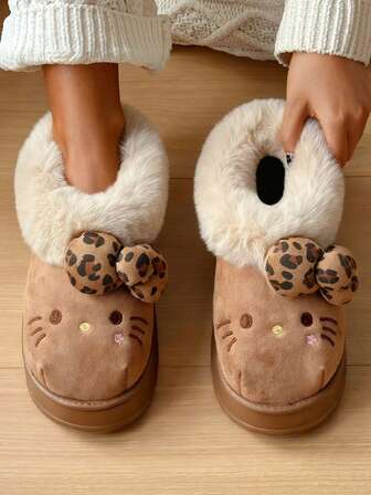  Sanrio X Hello Kitty Collaboration - 3D Bow Leopard Print Plush Ankle High Slippers, Luxurious Elegant Outdoor Snow Boots For Women, Winter Warm Anti-Wind Women's House Slippers, Hello Kitty Slippers, Adult Women's Slippers, Women's Winter House Shoes