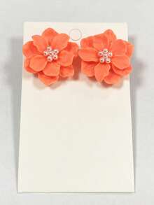 1对简约百搭夸张山茶花耳环，清新优雅的3D花朵珍珠耳钉，女士款 - 橘色 - 查看 7