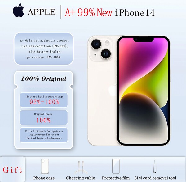  A+، هاتف Apple iPhone 14 مستعمل بسعة 128 جيجابايت، منتج أصلي أصلي بحالة جديدة (99% جديد)؛ هاتف محمول، هاتف، جوالات، ايفون، ايفون، هاتف، هدية غطاء غشاء