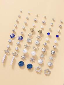 30对/套 雪花、星星、花朵、水钻、蝴蝶结、贝壳耳钉，金属仿珍珠，简约可爱设计，适合日常休闲佩戴，珠宝礼盒套装 - 彩色 - 查看 3