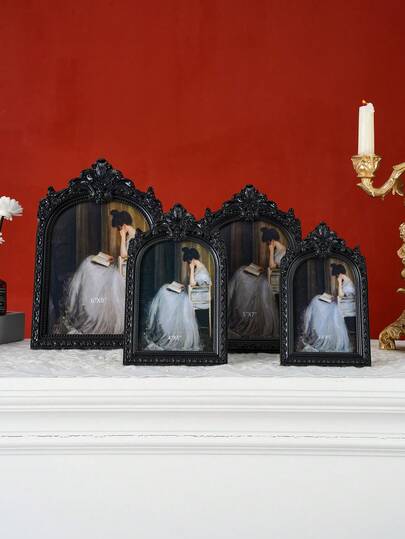 1pc Vintage Black/White Arched Floral Decorative Photo Frame, Retro European Style Cozy Home Desktop Decor Picture Display, Suitable For Photo Display, Home Decor And Photography Props