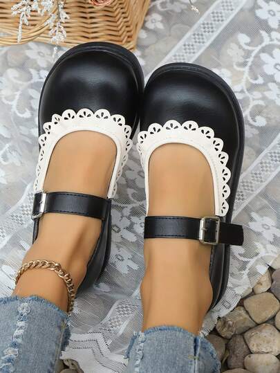 1 par de zapatos de cuero de tacón bajo para niñas, bailarinas versátiles con diseño de patchwork de bloques de color, adecuados para primavera y verano