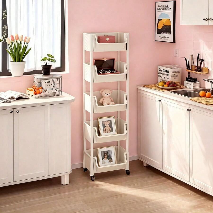 Carrito de almacenamiento móvil de cinco niveles con diseño con ruedas, adecuado para la sala de estar, el dormitorio y la cocina. Organiza libros y artículos de papelería del dormitorio. Estantería de almacenamiento multifuncional disponible en colores macaron/blanco. Regalo práctico para decoración de Halloween/Navidad - Multicolor - Ver 1