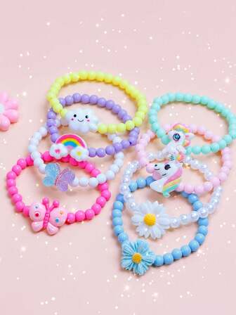 8pcs/Set Girls' Flower, Butterfly, Cloud, Unicorn Beaded Charm Bracelets, Colorful Jewelry Set, Suitable For Girls' Party Gifts