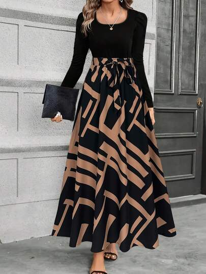 Cai Hong Women's Long Sleeve Square Neck Casual Bohemian Style Knit Dress With Belt And Geometric Print Elegant Vacation Summer,Vintage Geometric Art Print High Waist Tie Waist A-Line Skirt, Flattering Fit, Versatile For Work, Date, Daily Wear, Millennium Style, Suitable For Spring, Summer, Beach, Valentine's Day Elegant Festival Spring