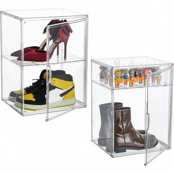 XX-Large Shoe Storage Boxes Boot And Shoe Box Organizers With An Adjustable Divider Set Of 2 Shoe Boxes Clear Plastic Stackable With Lids Big Display Storage Box Fit For Men US Size 15