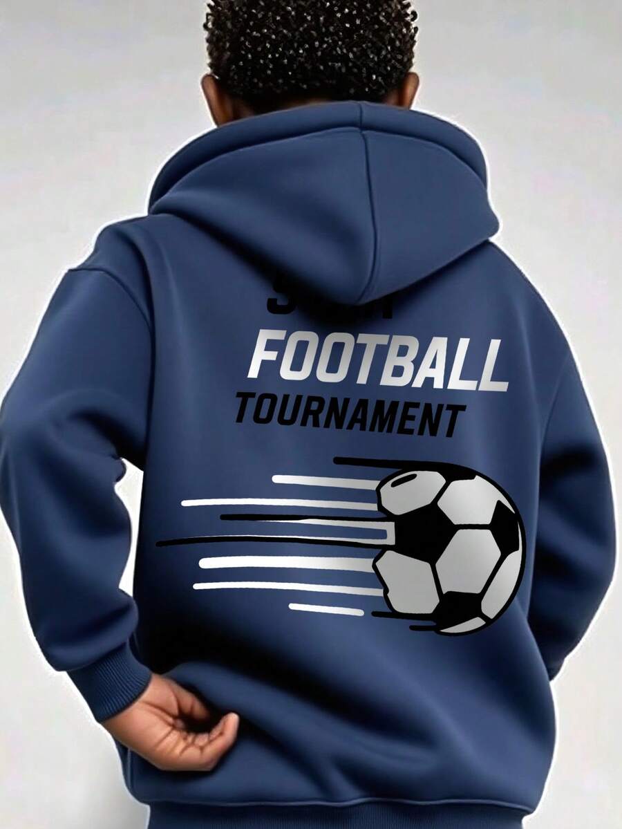 1件青少年男童休闲印花套头卫衣，保暖内衬，长袖，秋冬季 - 藏蓝色 - 查看 1