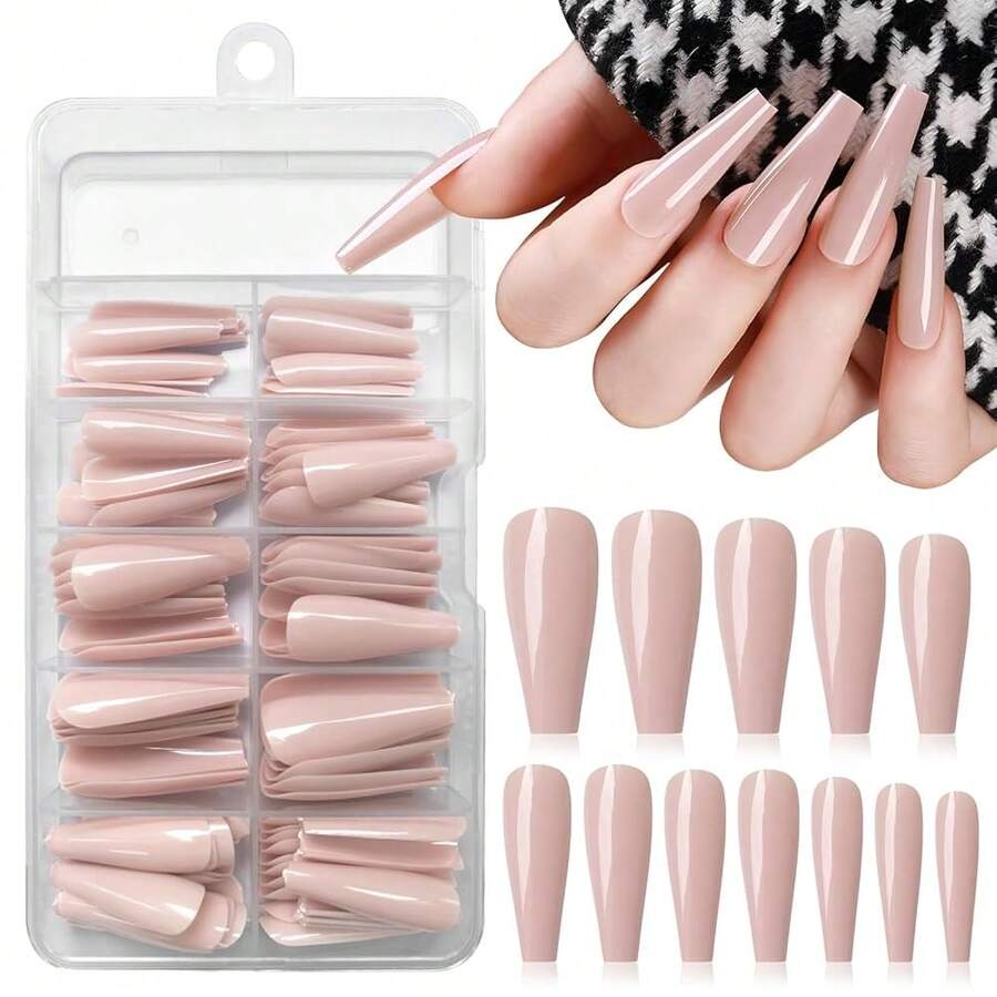 120pc Coffin Press On Nails Medium Length, Colored Long Ballerina Fake Nails Full Cover Acrylic French Tips False Artificial Fingernails Medium Coffin Presson Nails For Women FFgirls{Inchcolor_nameinch:InchNudeTaninch} - 裸色 - 查看 1