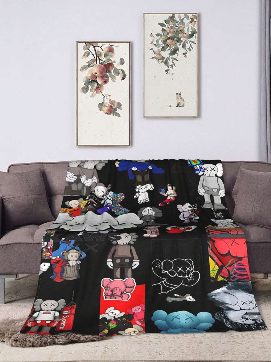 Kawss Kawaii Kaw Blanket Premium Anime Throw Blanket - Ultra Soft Flannel, Cartoon Print, Ideal Gift For Fans For Christmas & Birthday, For Sofa, Bed, Camping & Travel - 黑色 - 查看 1
