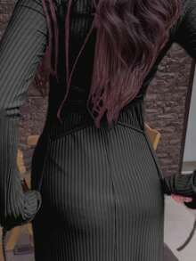 UREREM 210g Soft Solid Color Square Neck Ribbed Knit Side Drawstring Bodycon Long Sleeve Dress Black Spring Elegant - Black - View 2