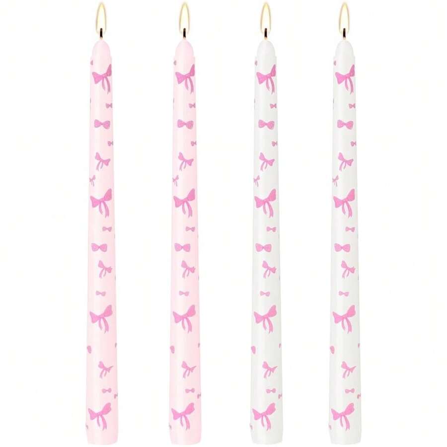 10 Inch Pink Bow Candlesticks Print Taper Candles Handmade Unscented 4 Pack Less Candle Sticks For Wedding Yoga Tea Party Birthday Anniversary Dinner{Inchcolor_nameinch:InchBowinch,Inchsize_nameinch:Inch10Inch-4Countinch} - 弓 - 查看 1