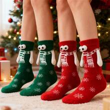 2 Pairs Of 3D Eyes Cartoon Christmas Socks With Magnetic Design- Cute Hand In Hand Mid-Calf Socks, Playful Holiday Socks, Hand Wash Care, Soft Fabric Socks, Novelty Christmas Wear, Christmas Enthusiasts, Gift Shoppers - Multicolor - View 12