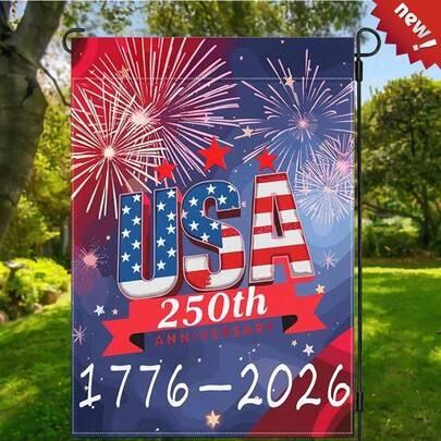 1 Piece 12x18 Inch 250th Anniversary American Garden Flag - Vintage Patriotic Stylish Double Sided Weather-Resistant Linen, Fireworks & Stars Design, Indoor/Outdoor Decor For Memorial Day, 4th Of July & Independence Day, Durable Patriotic Yard/Patio Banner (Flag Only)